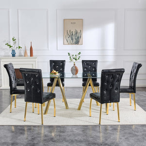 English Elm 71-inch Tempered Glass Dining Table Electroplated Metal Base Open Airy Modern Style Gold W3875S00006
