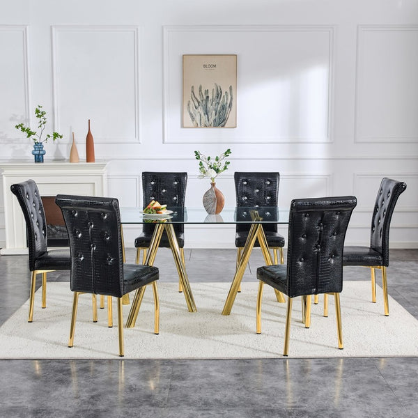 English Elm 71-inch Tempered Glass Dining Table Electroplated Metal Base Open Airy Modern Style Gold W3875S00006