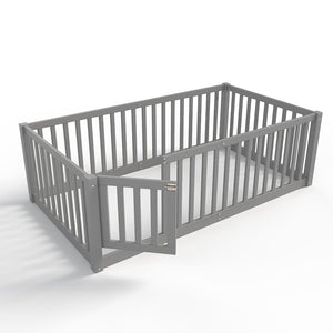 English Elm Twin Floor Bed Pine Wood Frame with Guardrails and Door for Safe Toddler Sleep Gray W1580P418051