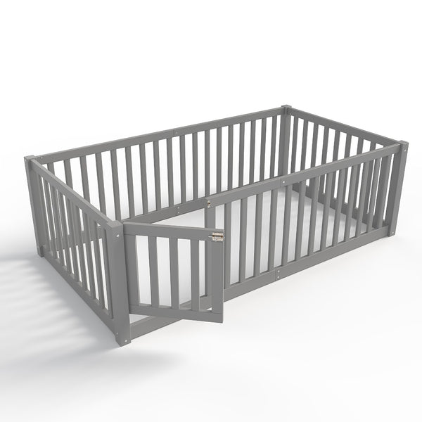 English Elm Twin Floor Bed Pine Wood Frame with Guardrails and Door for Safe Toddler Sleep Gray W1580P418051