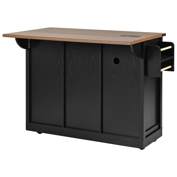 English Elm K&K 53.7" Farmhouse Kitchen Island with Drop Leaf, Sliding Barn Doors, Built-In Power & Wheels Black N707P170347B