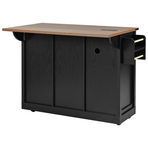 English Elm K&k Farmhouse Rolling Kitchen Island with Drop Leaf Power Outlets and Storage Cabinet Black N707S170347B