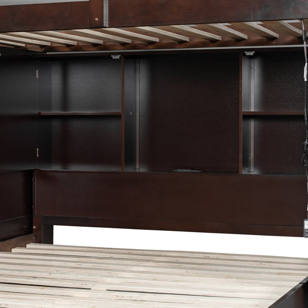 English Elm Twin Over Full Bunk Bed with Wardrobe Storage Stairs Shelves and Usb Charging Espresso LT000292AAP