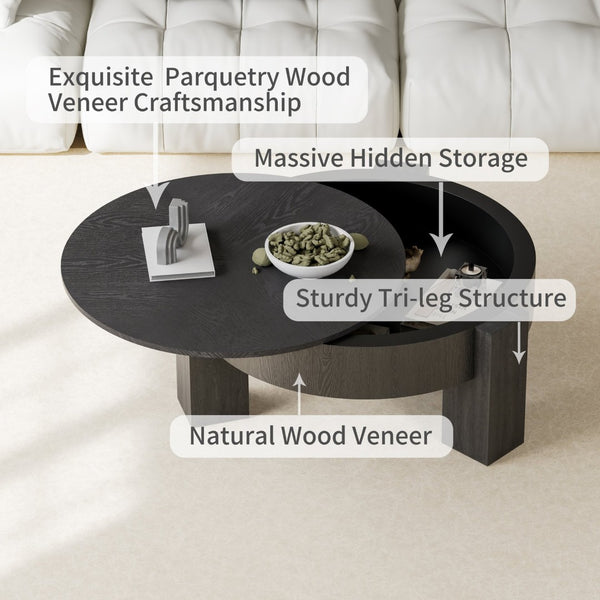 English Elm 33'' Round Coffee Table Parquet Veneer Flip Top Hidden Storage Wabi-sabi Living Room Black W1435P419322