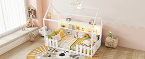 English Elm Twin House Bed with LED Light and Built-In Bookshelf, Solid Wood Playhouse Design for Kids Safety White 78.15 L x 15.75 W x 6.1 H W2593P269087