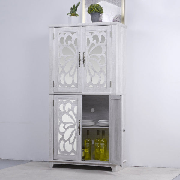 English Elm 67.4"h Mirrored Corner Cabinet Carved Butterfly Doors Adjustable Shelves Entryway Storage Light Gray W2899P374348