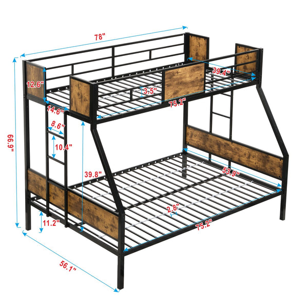 English Elm Twin Over Full Metal Bunk Bed with Trundle, Space-Saving Platform, Built-In Storage & Guardrail Black+Brown 80.51 L x 13.98 W x 7.16 H W2297P217826