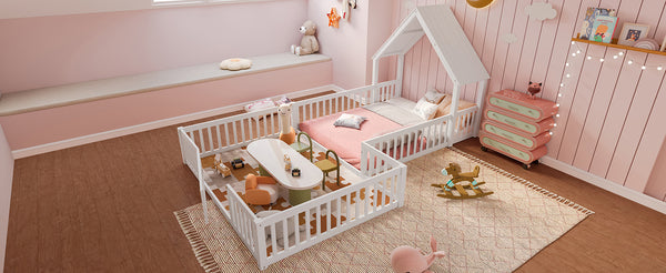 English Elm Full Full Size House Floor Bed with Door & Guardrails, Solid Wood Playful Design for Kids, Safe and Durable White W1580P327130