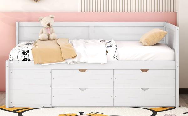 English Elm Twin Daybed with Two Pull Out Drawers and Open Shelves for Small Bedroom Storage White LP102022AAK