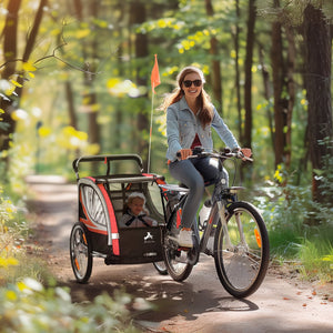 English Elm Aosom 2-in-1 Walk Ride Kids Bike Trailer & Stroller, 2-Seat Weatherproof Wagon with Flag, Red W2225P216990