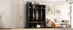 English Elm Wood Entryway Hall Tree with Bench Seating Coat Hooks Shoe Cubbies Cabinet Black W5271S00003