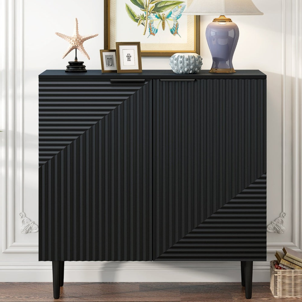 English Elm Mirod Lacquered Side Cabinet Geometric Door Panels Metal Legs Adjustable Interior Shelves Black N760P221050B
