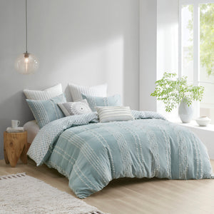 English Elm King/Cal Kara Cotton Jacquard Duvet Cover Set - Eco OEKO-TEX, Aqua Diamond Reverse, Button Closure, 3pc B03596483