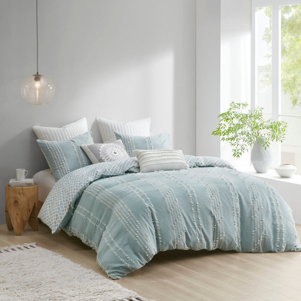 English Elm King/Cal Kara Cotton Jacquard Duvet Cover Set - Eco OEKO-TEX, Aqua Diamond Reverse, Button Closure, 3pc B03596483