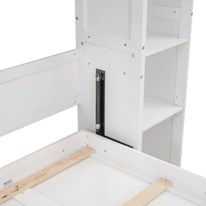 English Elm Full Size Murphy Wall Bed with Led Lighting Side Storage Cabinets and Slatted Support White LP000694AAK-1