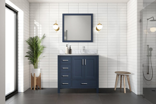 English Elm Navy Blue Bath Vanity With Right Offset Carrara Marble Top & Matching Mirror For Elegant Storage B2731S00692