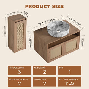 English Elm 30" Floating Bathroom Vanity Set with Ceramic Vessel Sink and Rattan Side Cabinet W999S00497