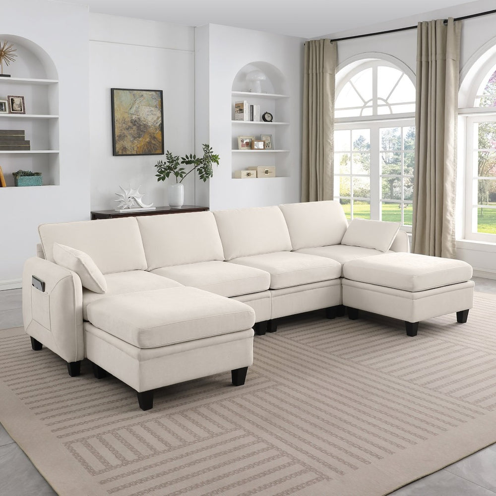 English Elm 102 Inch Linen Modular Sectional Sofa with Hidden Storage and Cloud Cushion Comfort Beige W1099S00208