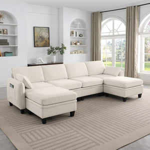 English Elm 102 Inch Linen Modular Sectional Sofa with Hidden Storage and Cloud Cushion Comfort Beige W1099S00208