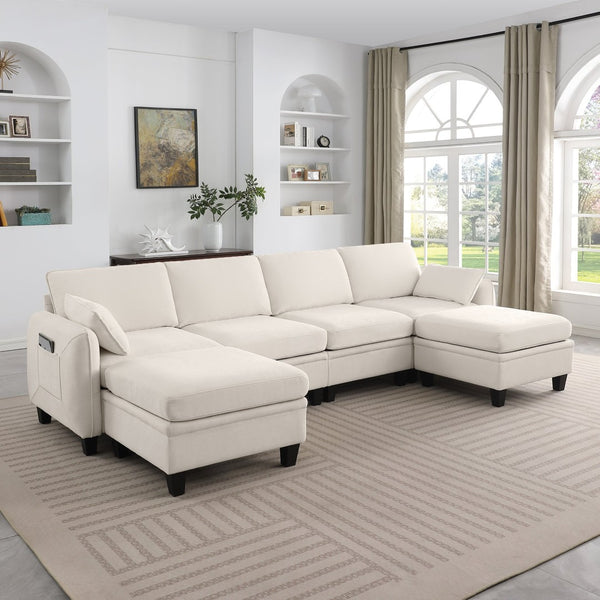 English Elm 102 Inch Linen Modular Sectional Sofa with Hidden Storage and Cloud Cushion Comfort Beige W1099S00208