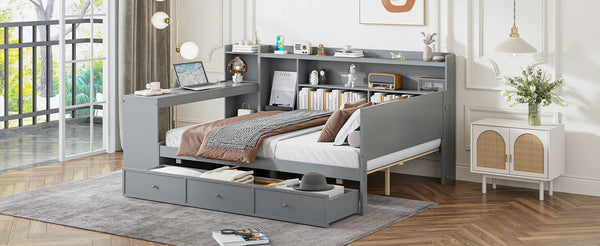 English Elm Full Size Wooden Daybed With 3 Storage Drawers, Built-In Desk & Usb Ports – Gray, Space-Saving Design N820S00018E