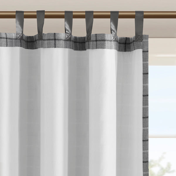 JLA Home Madison Park - Plaid Faux Leather Tab Top Curtain Panel with Fleece Lining for Insulation, Privacy & Machine Washable Grey MP40-8276