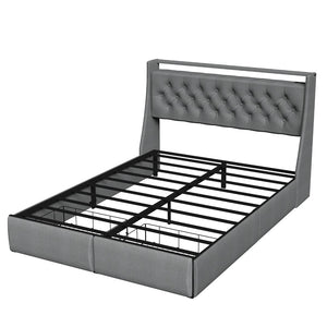 English Elm Full Linen Upholstered Bed with Led Headboard Storage Shelf and Usb Charging Port T3963P447144