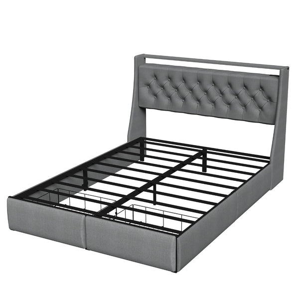 English Elm Full Linen Upholstered Bed with Led Headboard Storage Shelf and Usb Charging Port T3963P447144