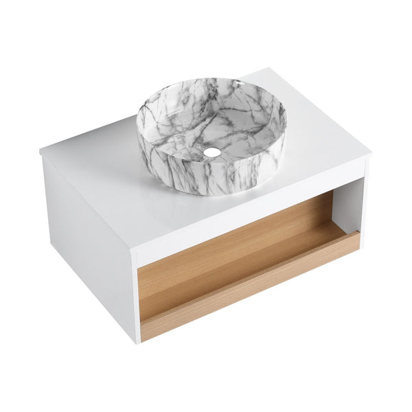 English Elm 30" Floating Wall Mount Bathroom Vanity Open Shelf Ceramic Vessel Sink Modern White Grey+White,White + Light Oak W3450S00059