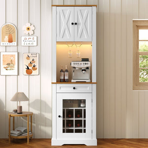 English Elm Bar Cabinet Farmhouse 69 Inch with Rgb Led Barn Door Wine Rack and Charging Station White N728P438603W