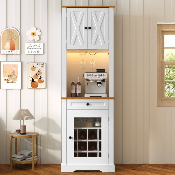 English Elm Bar Cabinet Farmhouse 69 Inch with Rgb Led Barn Door Wine Rack and Charging Station White N728P438603W