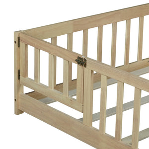 English Elm Twin Low Profile Rubberwood Floor Bed with Full Safety Fence for Toddler Rooms Natural W504P429273