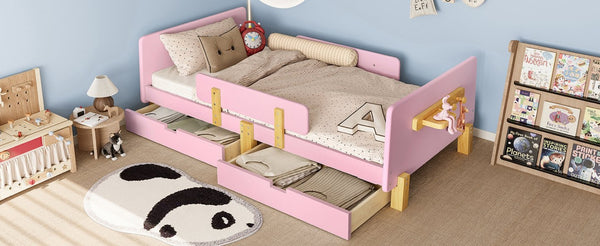 English Elm Twin Low Profile Kids Floor Bed Pine Wood Frame with Safety Rail and Built in Bookshelf W1580P373242