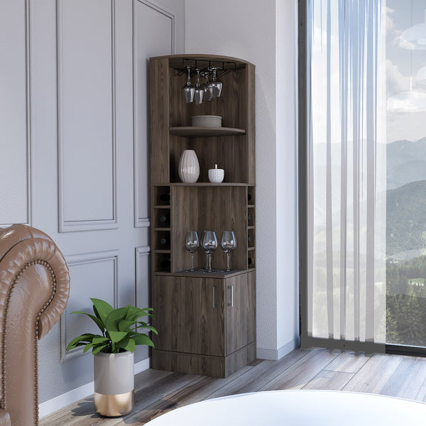 English Elm Corner Corner Bar Cabinet Dark Walnut with 8 Bottle Cubbies, 12-Glass Rack & 2 Shelves, Space-Saving Stylish Storage B097P253698