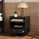 Wooden Nightstand with Rattan-Woven Storage Cabinet, 1 Drawer, Elegant Natural Storage, Black