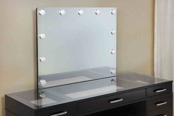 English Elm Glam Elegant Vanity Set with LED Mirror, Plush Stool, Ample Storage, Felt-Lined Drawers, Chic Finish Grey Mix 33 L x 41 W x 8 H B2741S00678