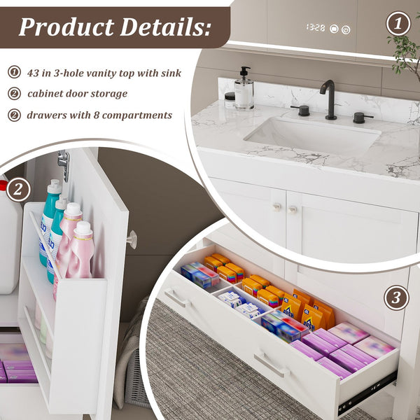 English Elm Modern 43" Bathroom Vanity With Carrara White Top, Soft-Close Drawer & Durable Mdf Cabinet Design W509S00139