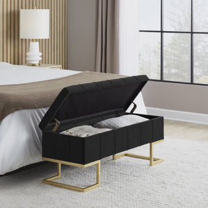 English Elm Storage Bench with Button Tufted Velvet Seat and Gold Tapered Legs for Bedroom B202P471510