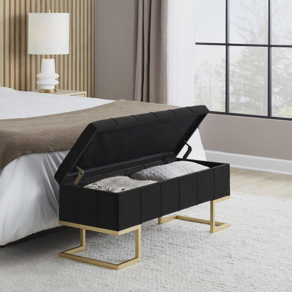 English Elm Storage Bench with Button Tufted Velvet Seat and Gold Tapered Legs for Bedroom B202P471510