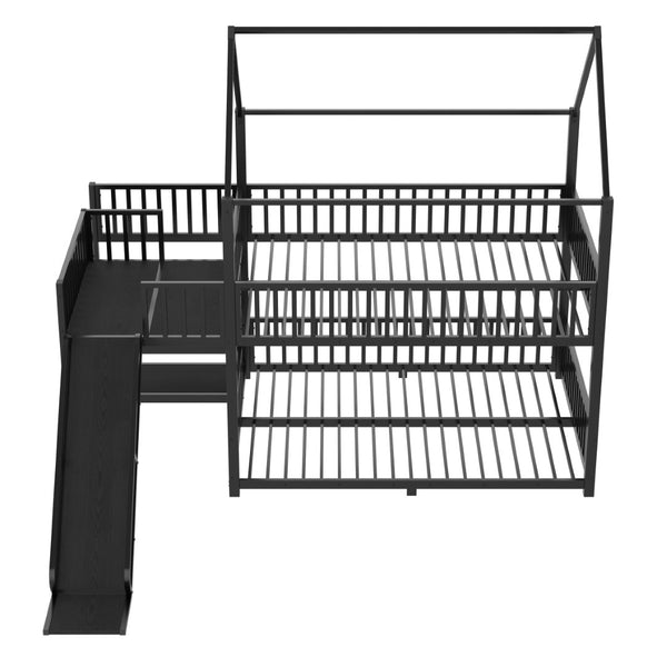 English Elm Full Metal House Bunk Bed with Slide Storage Stairs and Safety Rails for Kids W1580S00345
