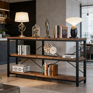 English Elm Hall Console Table Industrial Rustic Two Tier Wood Tone Metal Frame Entryway Sofa T3971P453148