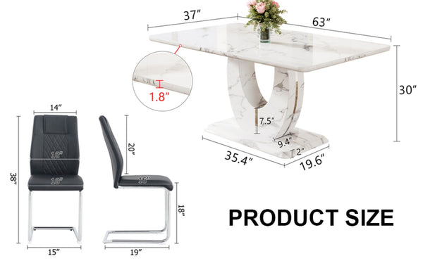 English Elm Table And Chair Set - Elegant Marble Pattern Mdf Dining Set With 6 Comfortable Black Pu Chairs W1151S02184-GIGA