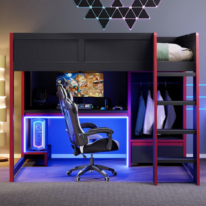 English Elm Wood Full Size Gaming Loft Bed With Desk, Wardrobe, Led Lighting, And Storage Drawer, Black Finish N7090004011B-GIGA