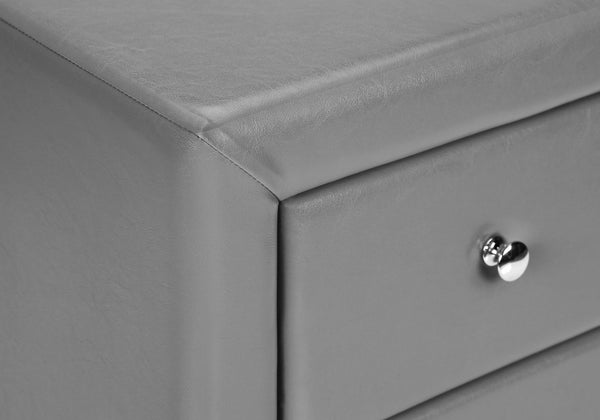 English Elm Nightstand, Upholstered Leather-Look Accent Table with Two Drawers, Chrome Knob, No Assembly Required Grey 22 L x 17 W x 22 H B2710P219501