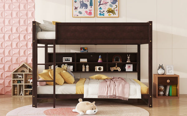 English Elm Queen Over Queen Floor Bunk Bed with Built-In Storage Shelves, USB Charging Station, Solid Pine Frame, Safety Rails and LadderDesigned for Space Saving and Modern Bedrooms Brown W504S00239