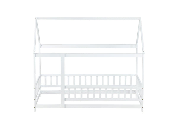 English Elm Twin Size House Floor Bed With Roof Frame & Safety Guardrails - Cozy Wooden Design For Kids' Rooms W504P286403-GIGA
