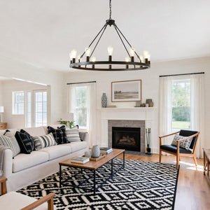 English Elm 39.4 Inch Wagon Wheel Chandelier 12-light Matte Black Farmhouse Pendant for Foyer Dining W5008P389282