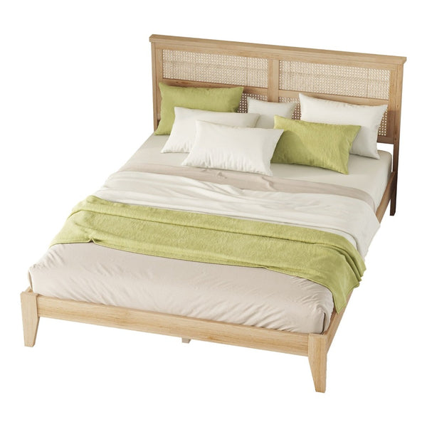 English Elm Queen Size Solid Rubberwood Bed With Rattan Headboard – Durable, Stylish & Space-Saving Design! W504P184305-GIGA
