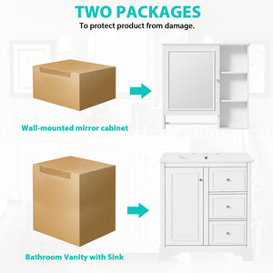 English Elm 30-inch bathroom vanity mirror cabinet set with ceramic sink, solid wood build, 3 drawers & shelves White SV000028AAK