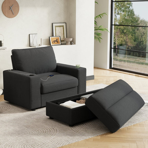 English Elm Christopher Knight Home® - 42.8" Oversized Chaise Lounge with Storage Ottoman, Corduroy Upholstery, USB Port & Cup Holders for Cozy Living Space Grey N765P350851G